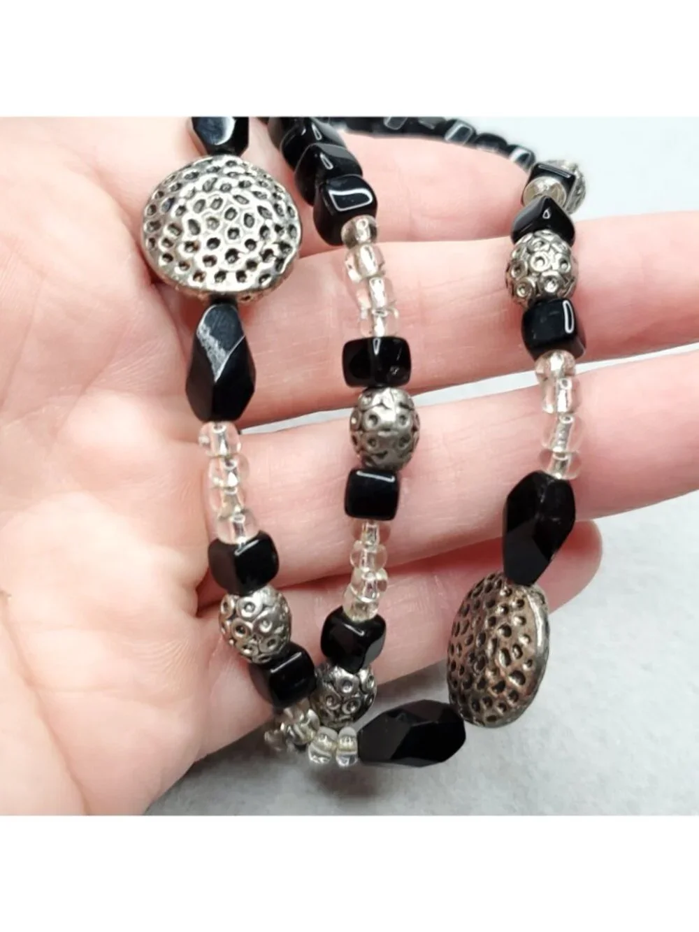Beaded Necklace Bracelet Earring Set Black Silver Tone 20